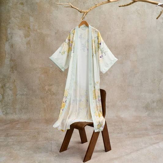 Dreamy Delilah Oriental Yellow Floral Kimono Style Bathrobe - Beige - One Size - image 1