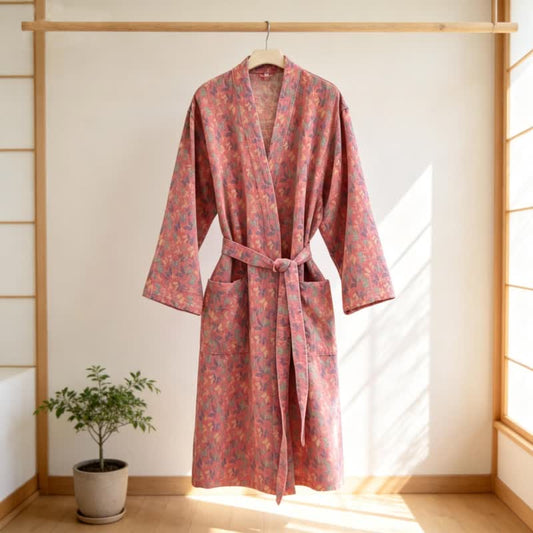 Butterfly Jacquard Cotton Gauze Kimono Robe - Pink - XXL - image 1