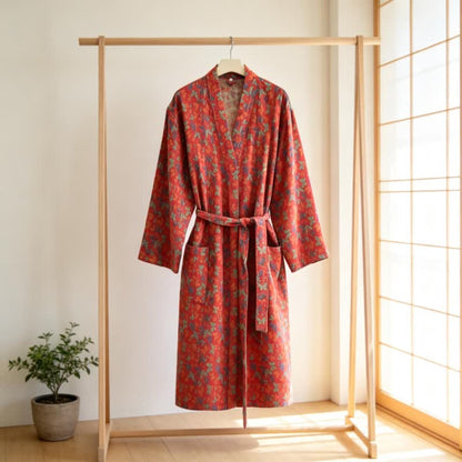 Butterfly Jacquard Cotton Gauze Kimono Robe - Red - XXL - image 3