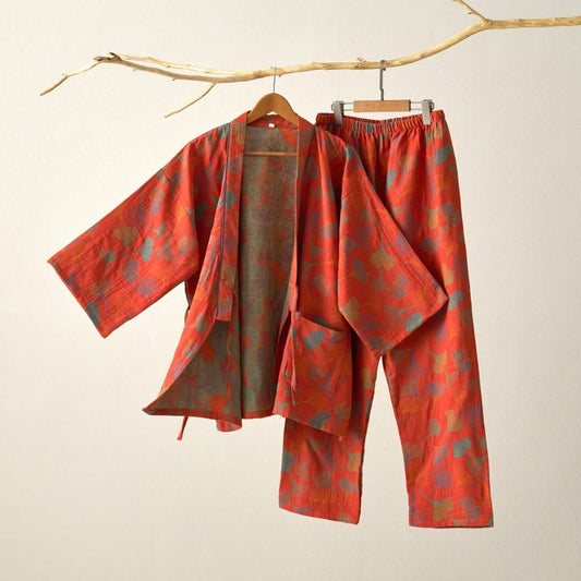 Ownkoti Ginkgo Cotton Gauze Kimono Loungewear Set - Orange Red - XL - image 0