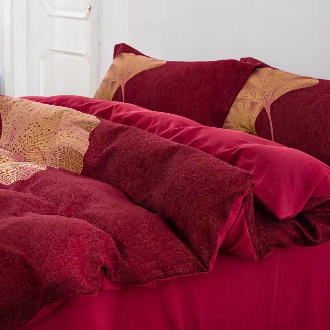 Red & Gold Ginkgo Leaf Cotton Bedding Set(4PCS) - image 3