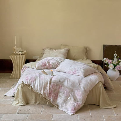 Elegant Peony Cotton Tie-Closure Bedding Set(4PCS) - Pink & Green - King - image 0