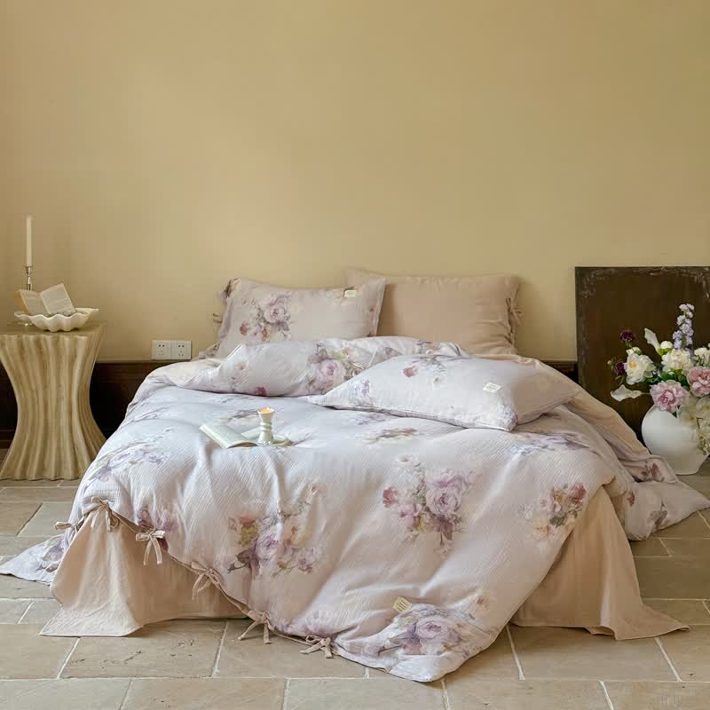 Subtle Floral Cotton Tie-Closure Bedding Set(4PCS) - Light Pink - King - image 0