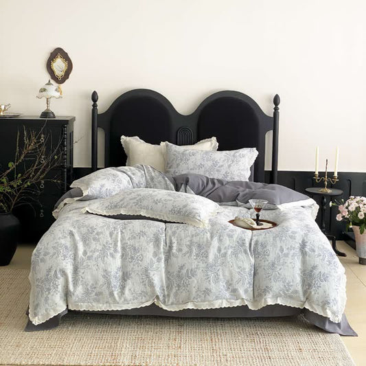 Vintage Subtle Rose Cotton Gauze Bedding Set(4PCS) - Gray - King - image 0