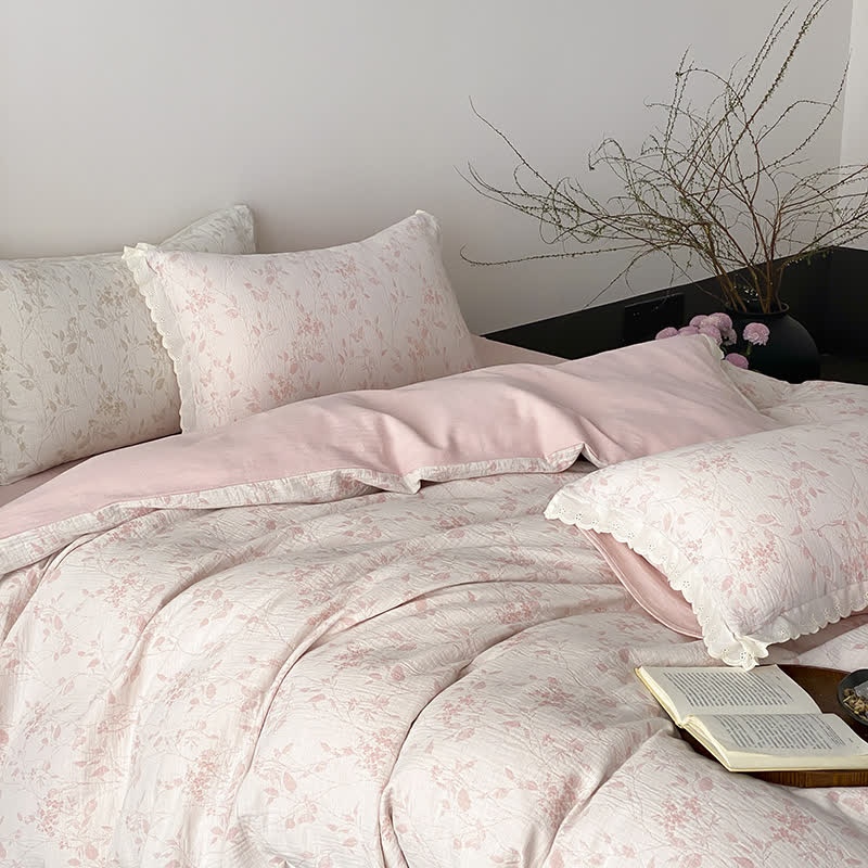 Vintage Subtle Leaf Cotton Gauze Bedding Set(4PCS) - Pink - King - image 6