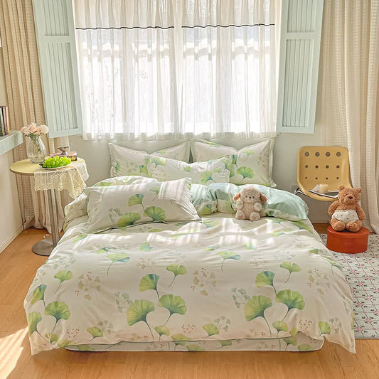 Fresh Green Ginkgo Leaf Cotton Bedding Set(4PCS) - image 1