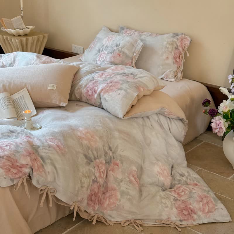 Elegant Peony Cotton Tie-Closure Bedding Set(4PCS) - image 3