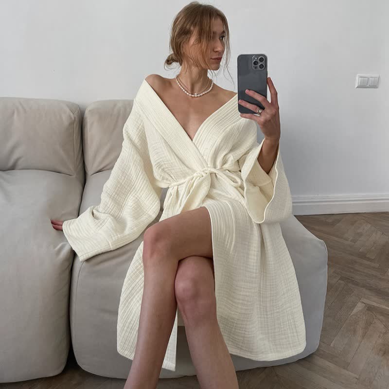 Beige Pure Cotton Kimono Robe - image 1