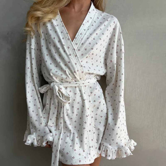 Heart Print Long Sleeve Short Kimono Robe - White - XXL - image 0
