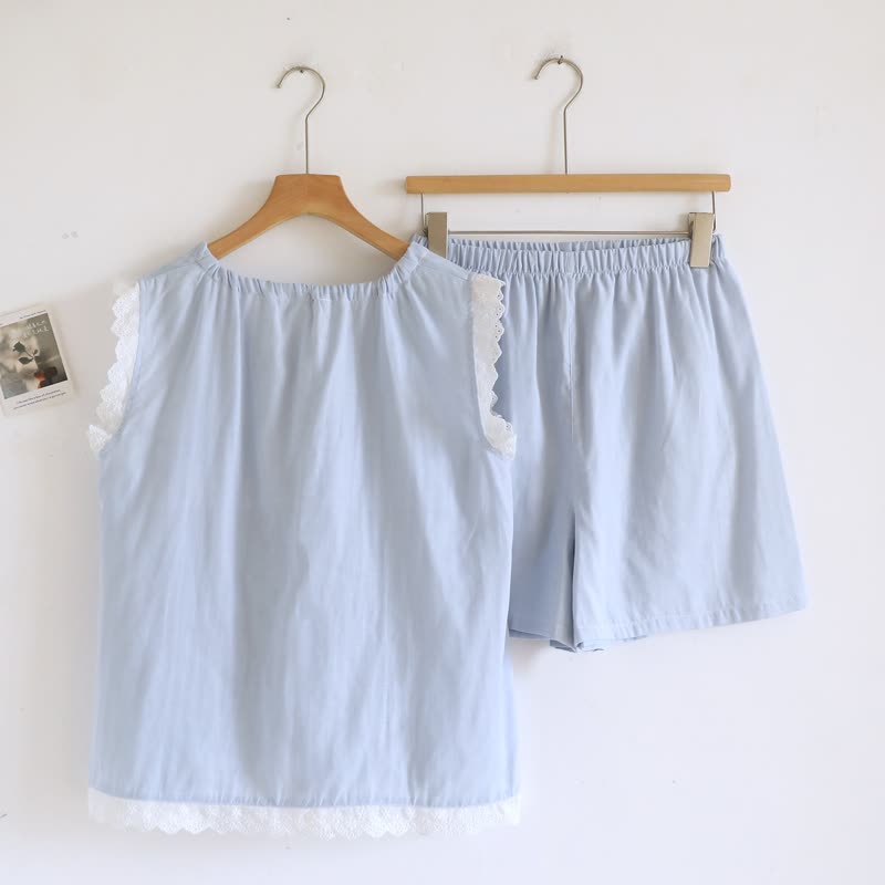 Solid Cotton Lace Trim Tank Pajamas - image 7