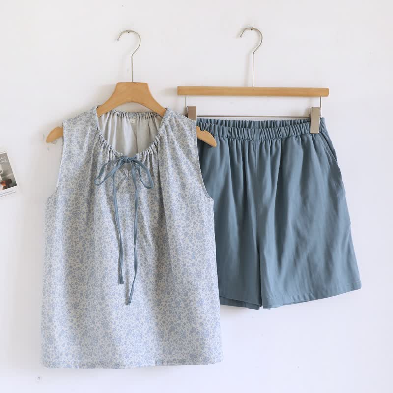 Ditsy Floral Cotton Tank & Shorts Pajama Set - Blue - XL - image 7
