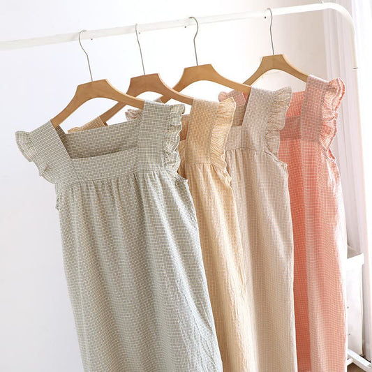 Cotton Gauze Plaid Flutter Sleeve Tank Nightdress - image 1