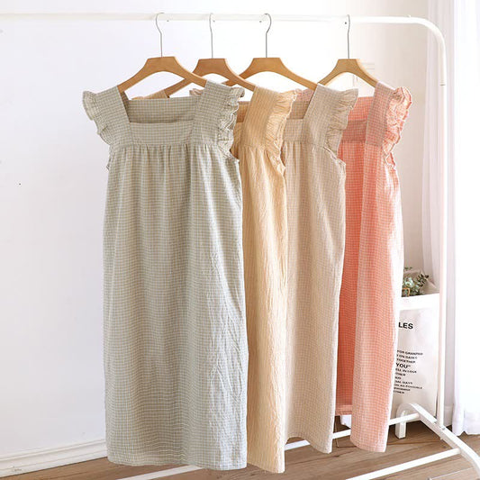 Cotton Gauze Plaid Flutter Sleeve Tank Nightdress - image 0