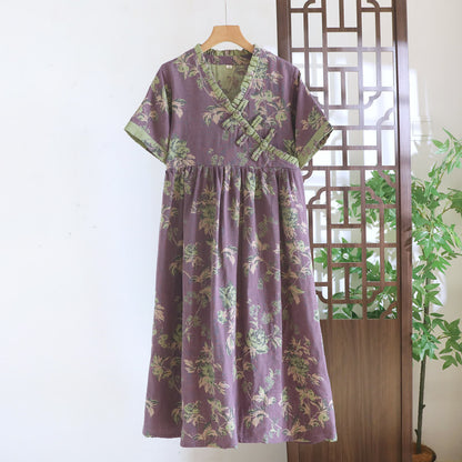Oriental-inspired Peony & Leaf Cotton Nightgown - Purple - XXL - image 0