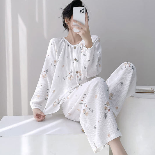Rustic Floral Double Gauze Cotton Pajamas - White - XXL - image 0