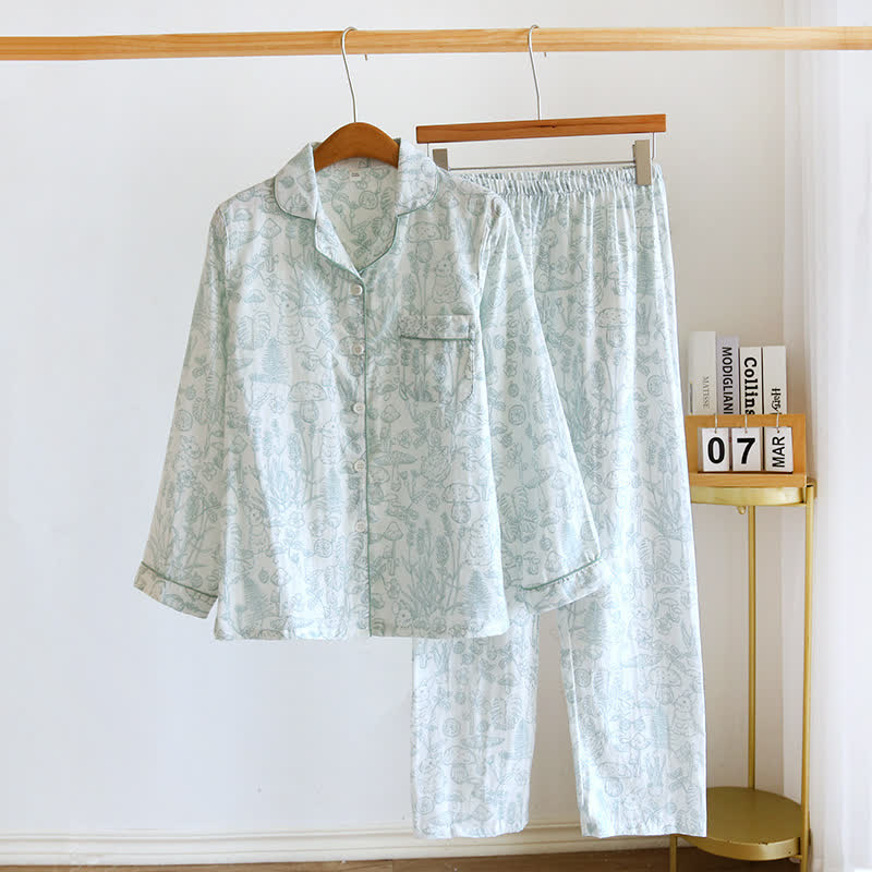Jungle Mushroom & Bunny Cotton Gauze Pajamas - Green - XL - image 2