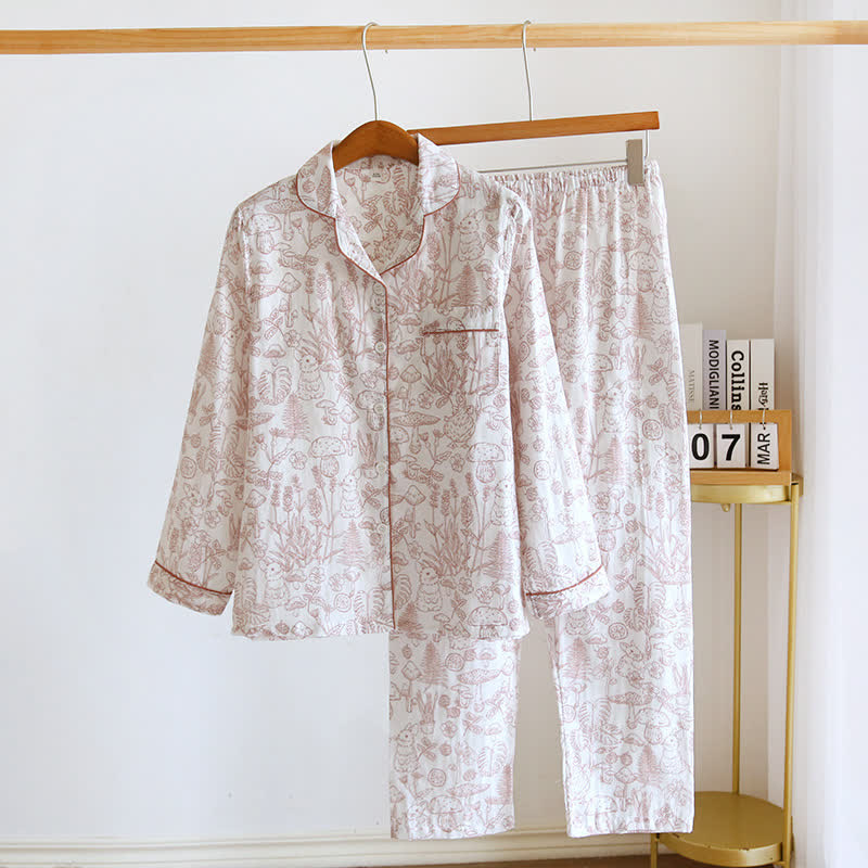 Jungle Mushroom & Bunny Cotton Gauze Pajamas - Pink - XL - image 3