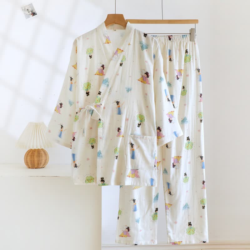 Oriental Cartoon Princess Cotton Kimono Pajamas - Beige - XL - image 0