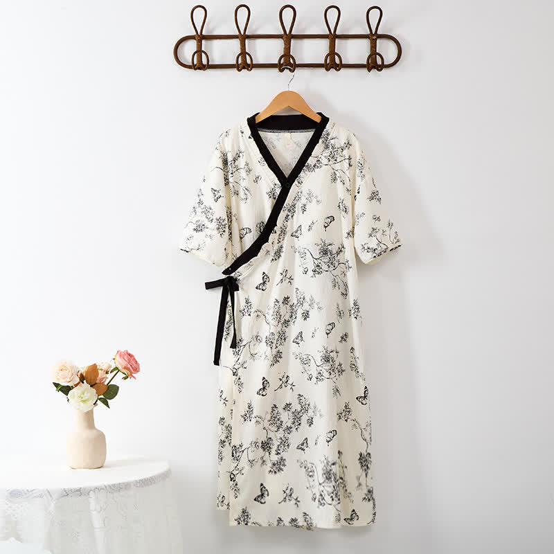 Floral Butterfly Print Padded Tie Nightgown with Pocket - image 1