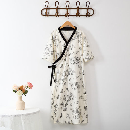 Floral Butterfly Print Padded Tie Nightgown with Pocket - image 1