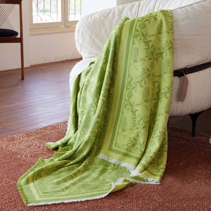 Green Artistic Botanical Tassel Throw Blanket - image 1