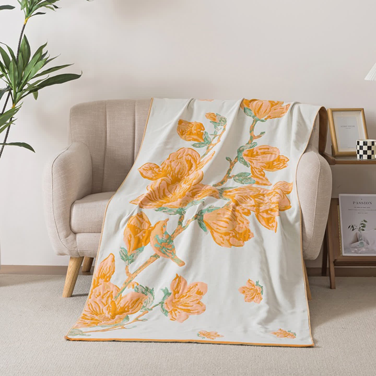 Luxury Floral & Bird Cotton Gauze Bath Towel - Yellow - 35"W x 71"L - image 1