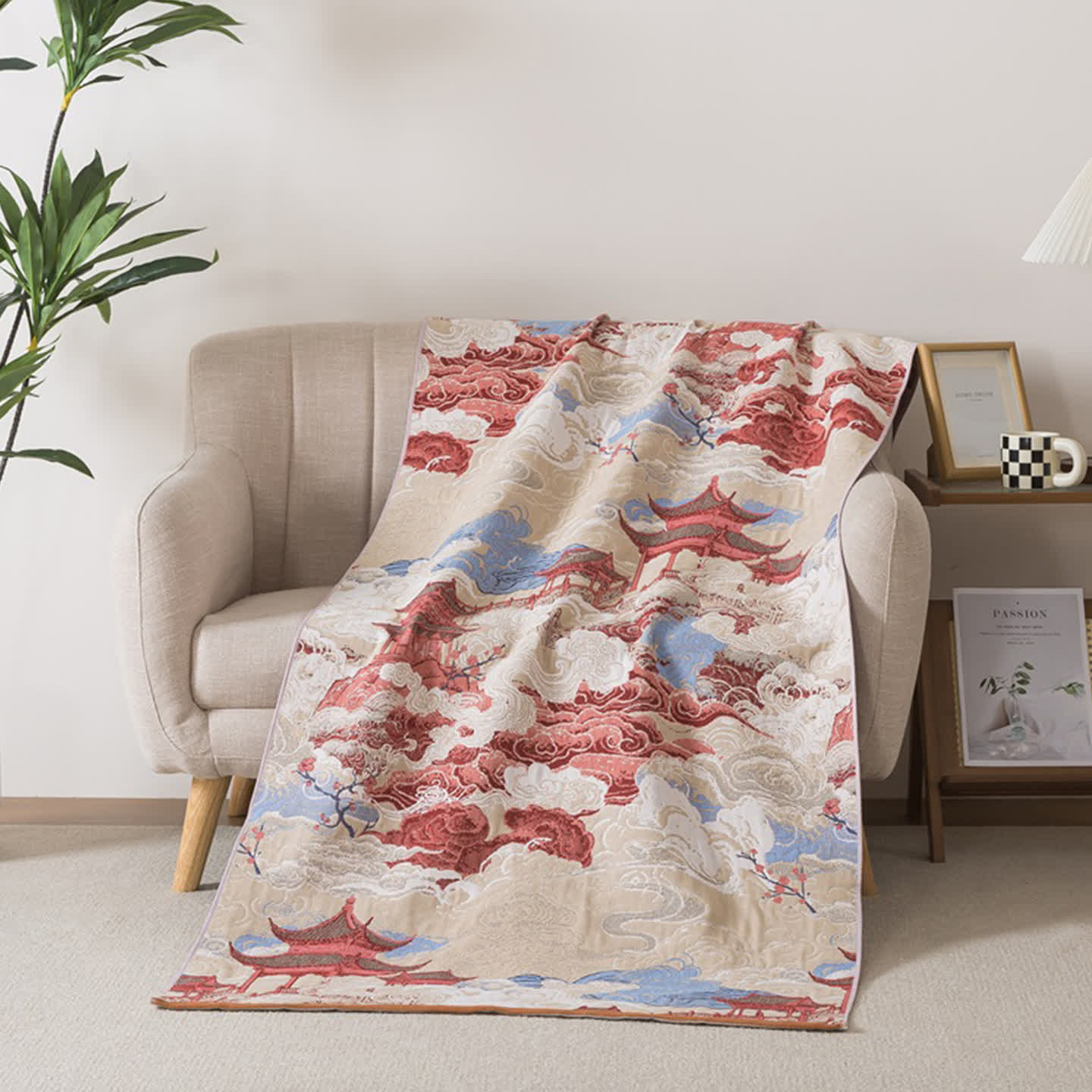 Oriental Cloud & Pavilion Cotton Bath Towel - 35"W x 71"L - image 0