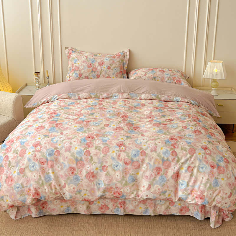Dreamy Pink Rose Cotton Brushed Bedding Set(4PCS) - Pink - King - image 0