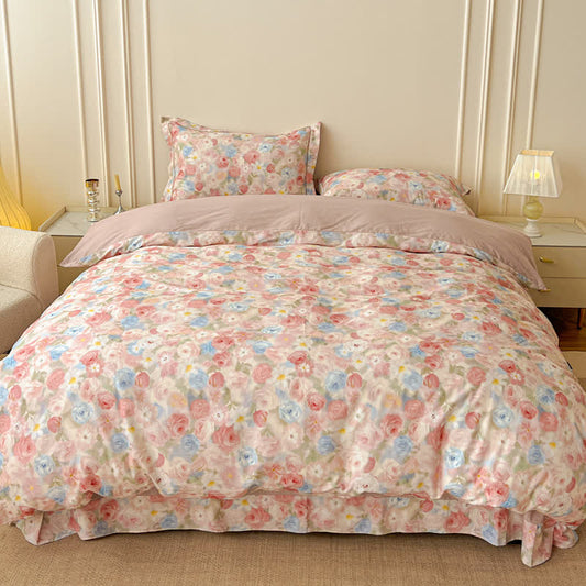 Dreamy Pink Rose Cotton Brushed Bedding Set(4PCS) - Pink - King - image 0