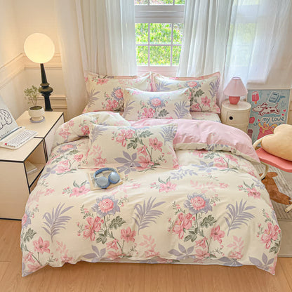 Pastoral Floral & Leaf Cotton Bedding Set(4PCS) - Pink - King - image 0