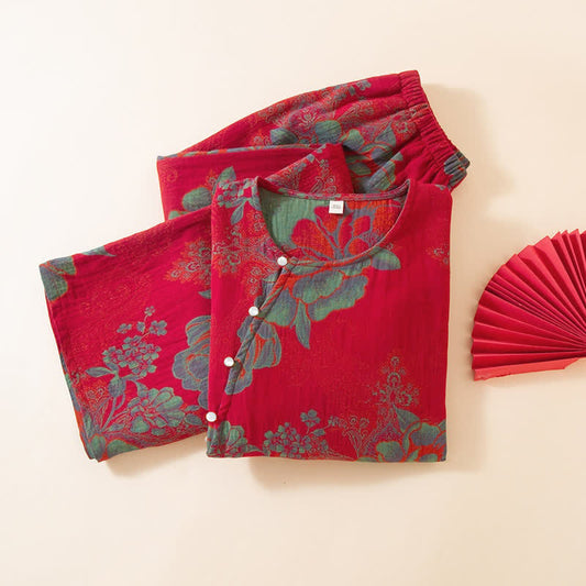 Vintage Oriental Peony Cotton Pajama Set - image 1