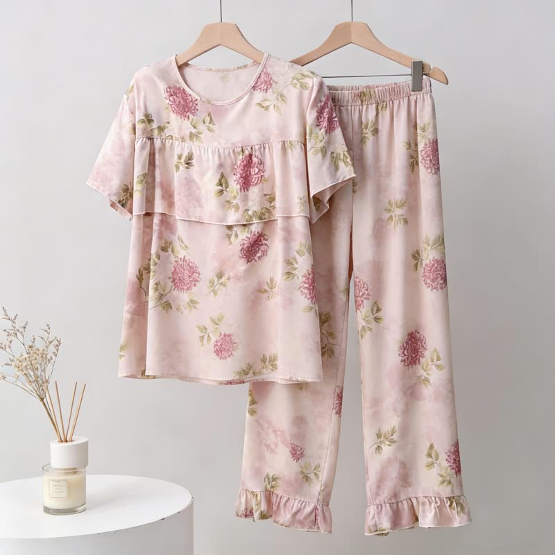 Round Neck Pink Chrysanthemum Pajama Set - Pink - 3XL - image 0