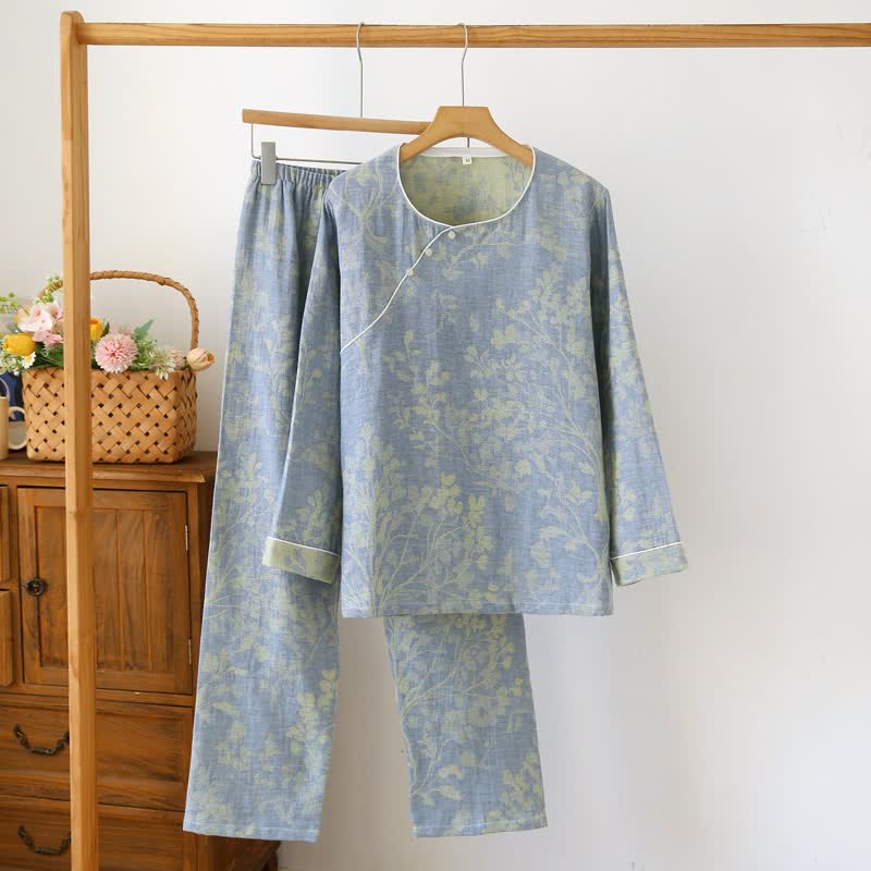 Eastern-Inspired Floral Cotton Pajama Set - Blue - XL - image 2