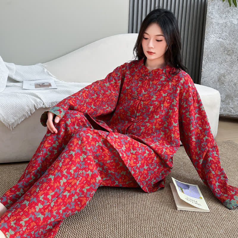 Plus Size Eastern-Inspired Butterfly Cotton Pajama Set - Red - 5XL - image 0