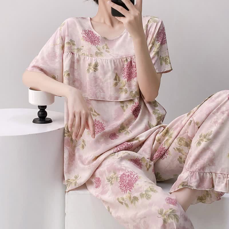Round Neck Pink Chrysanthemum Pajama Set - image 3