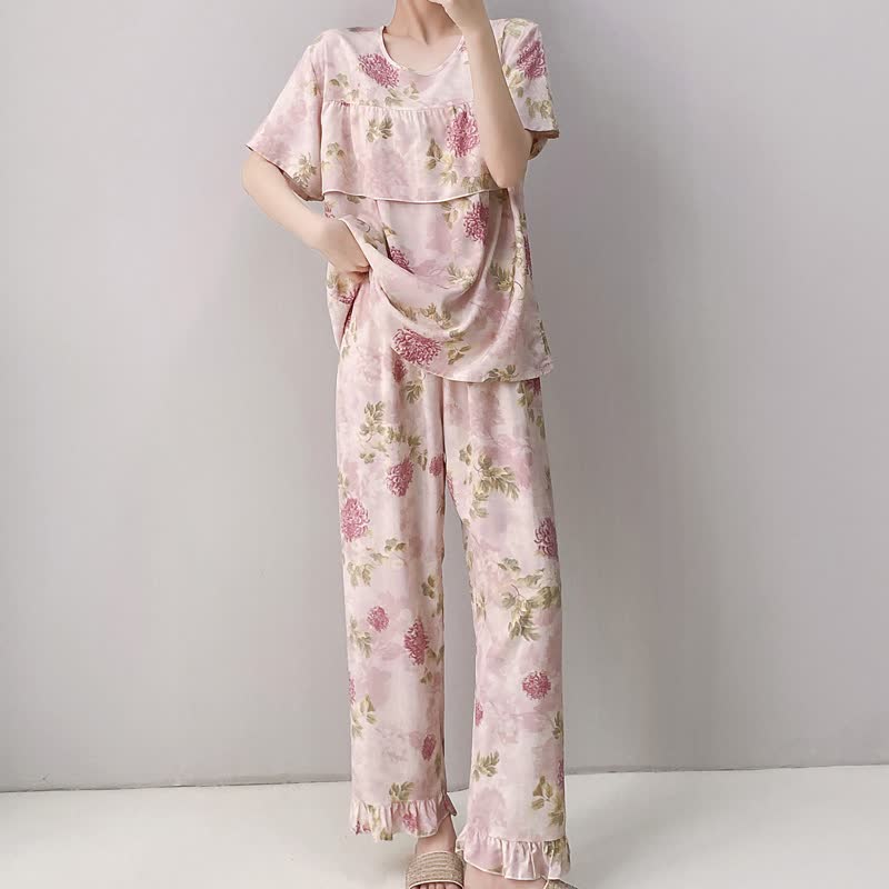 Round Neck Pink Chrysanthemum Pajama Set - image 2