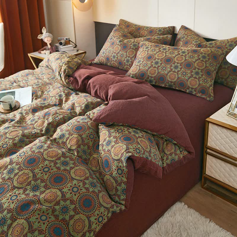 Vintage Medallion Jacquard Cotton Double Gauze Bedding - Red - Duvet Cover - King - image 0