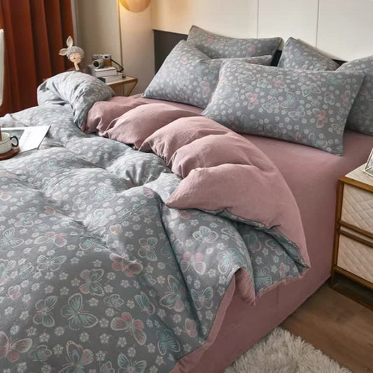 Butterfly & Floral Cotton Double Gauze Bedding - Grey - Duvet Cover - King - image 0
