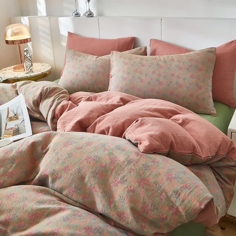 Cottage Floral & Leaf Cotton Double Gauze Bedding - Pink - Duvet Cover - King - image 0