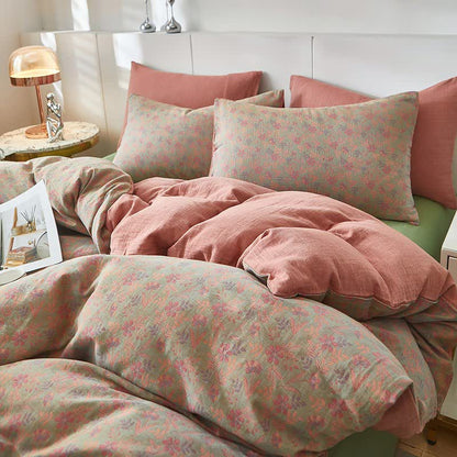 Cottage Floral & Leaf Cotton Double Gauze Bedding - Pink - Duvet Cover - King - image 0