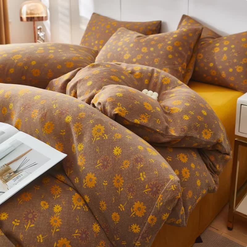 Yellow Daisy Cotton Double Gauze Bedding - Brown - Duvet Cover - King - image 0