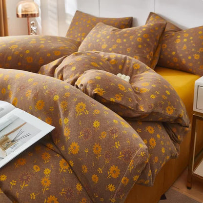 Yellow Daisy Cotton Double Gauze Bedding - Brown - Duvet Cover - King - image 0