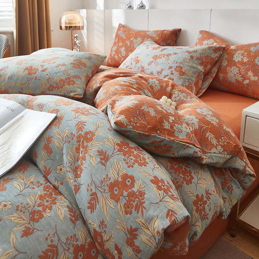 Orange Floral Cotton Double Gauze Bedding - Orange - Duvet Cover - King - image 0
