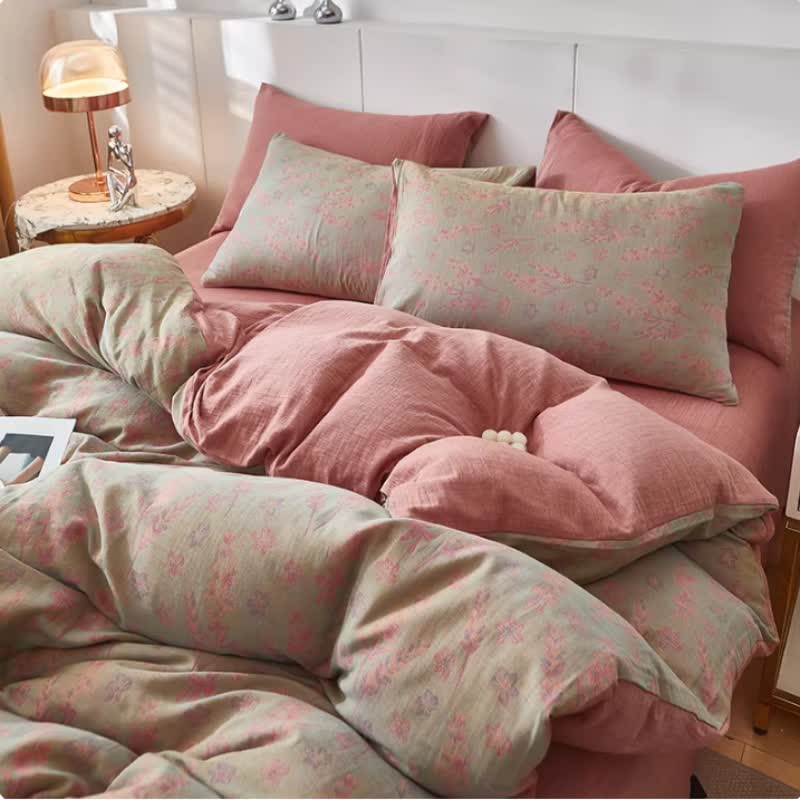 Lavender & Floral Cotton Double Gauze Bedding - Pink - Duvet Cover - King - image 4