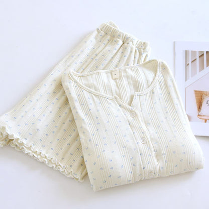 Pastoral Floral Cotton Jacquard Pajama Set - Beige & Blue - XL - image 8