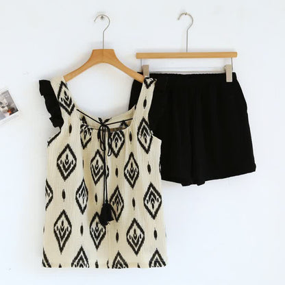 Boho Cotton Gauze Flutter Sleeve Pajama Set - Beige - XL - image 0