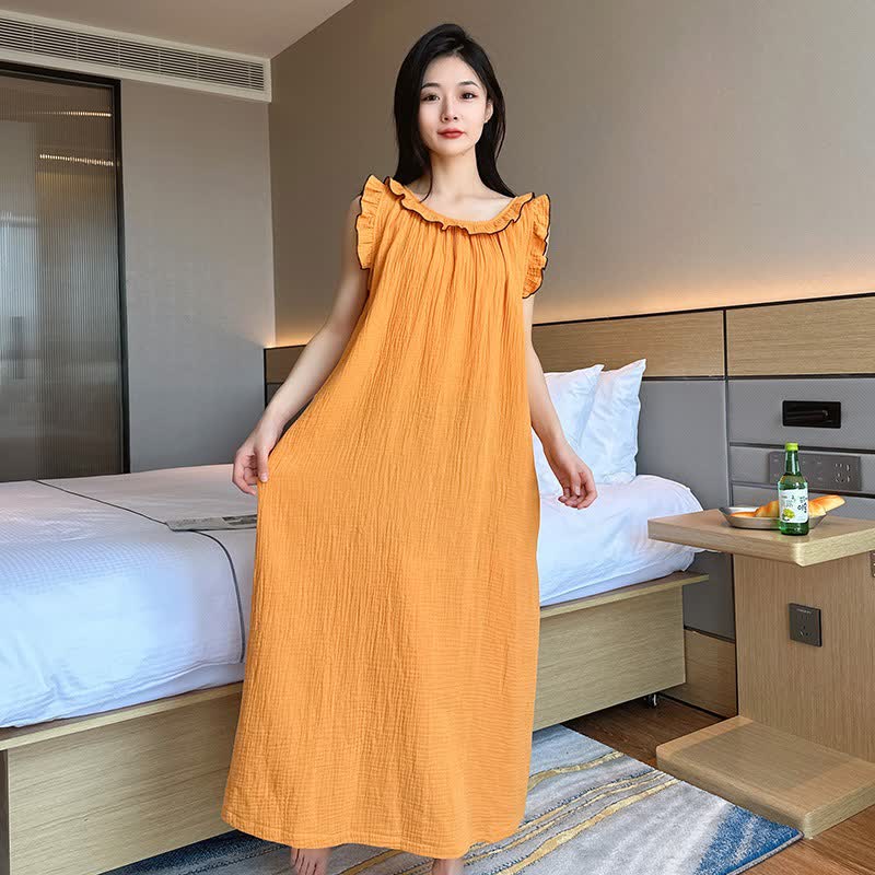 Ownkoti Plus Size Minimalist Cotton Ruffle Sleeveless Nightgown - Yellow - 5XL - image 12