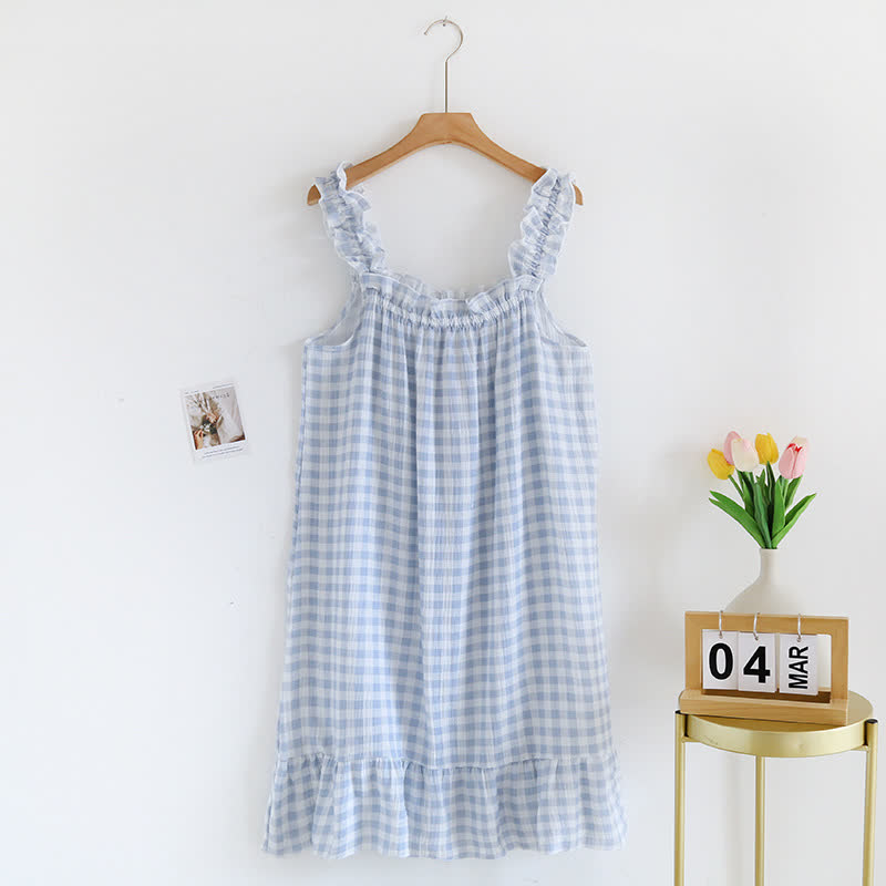 Cotton Ruffle Gingham Cami Nightgown - Blue - XL - image 3