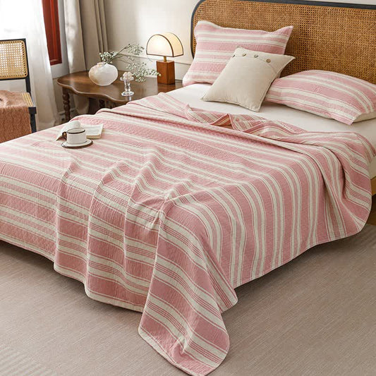Minimalist Striped Cotton Gauze Quilt Blanket - Pink - Quilt with 2PCS Pillow Towels - King - image 0