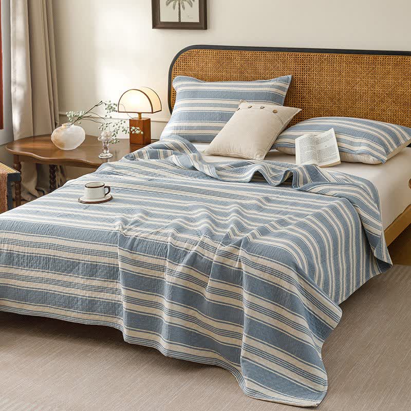 Minimalist Striped Cotton Gauze Quilt Blanket - Blue - Quilt with 2PCS Pillow Towels - King - image 7
